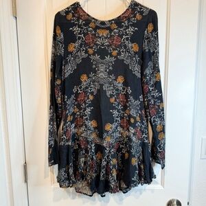 Free people black boho print tunic dress size medium